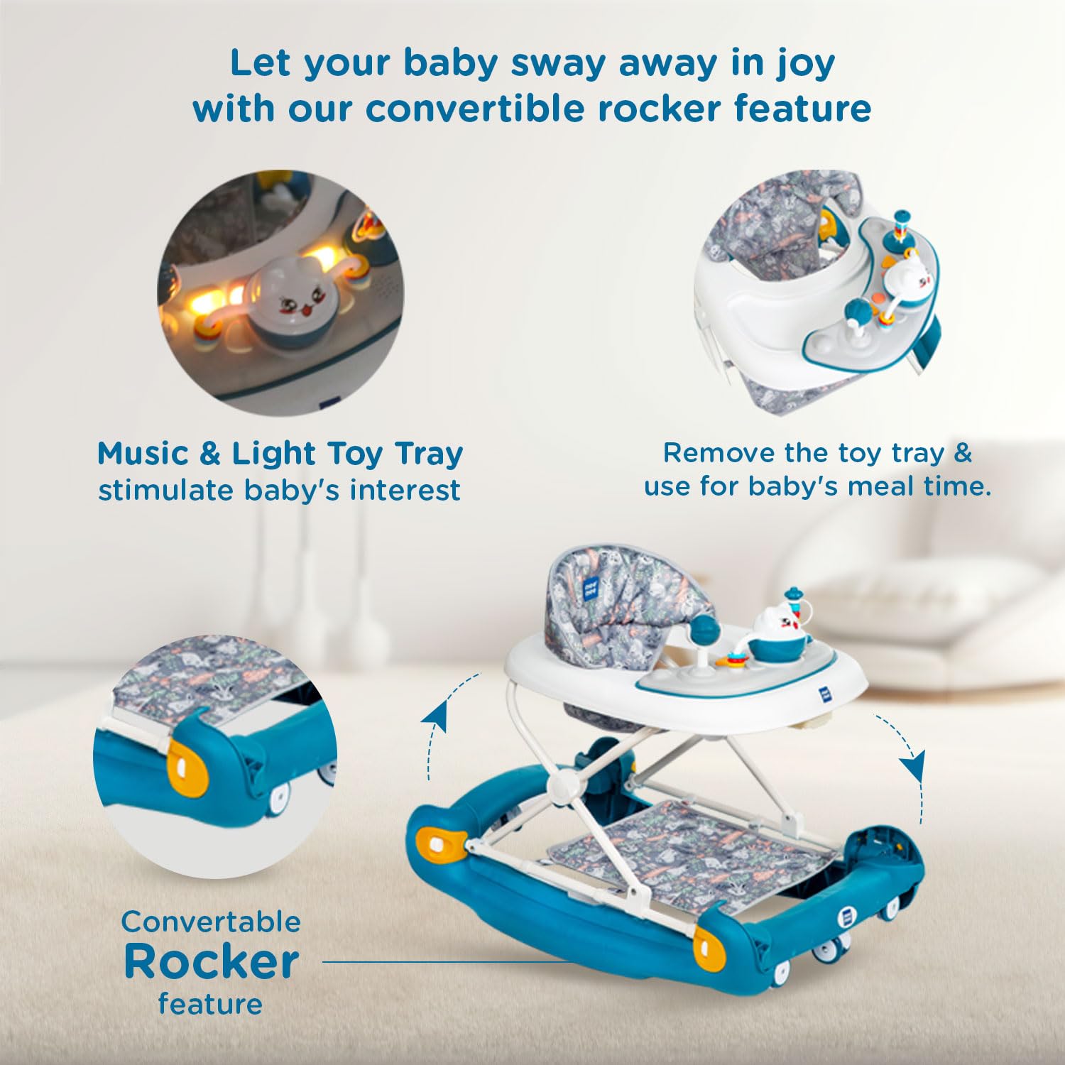 Baby walker with convertible rocker feature and toy tray on a light background